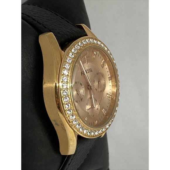 Fossil Riley ES2811 Women Black Leather Rose Gold Analog Dial Quartz Watch RK410 - Picture 5 of 12